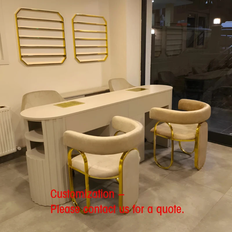 custom.M2 Display Modern Nail Spa Nordic Double Beige Nail Art Table and Chair Set with Built-in Vacuum Cleaner, Socket