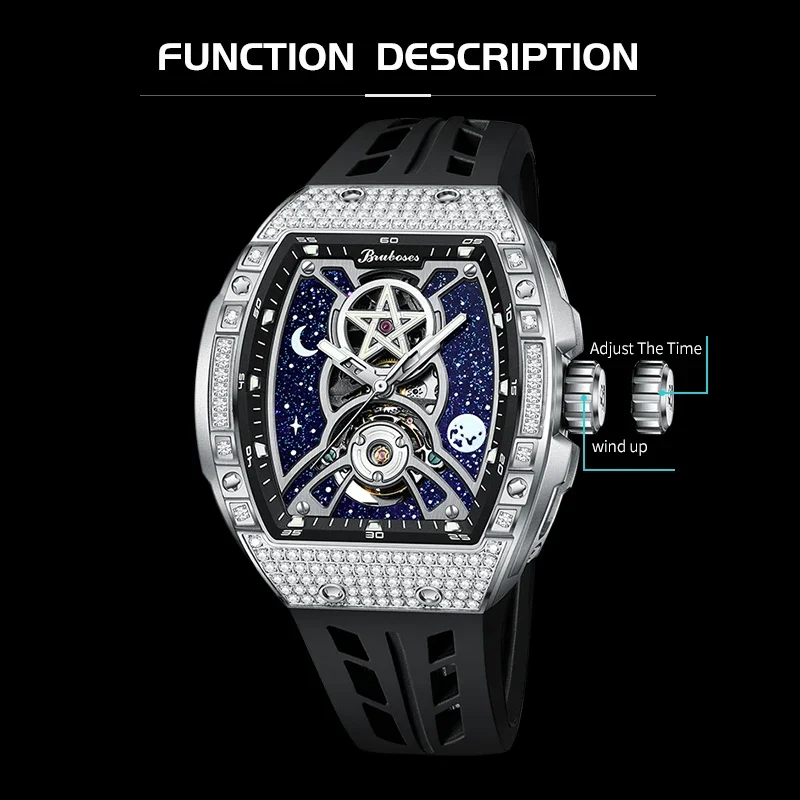 Men\'s Mechanical Watch with Automatic Diamond Hollow-out Winding BRUBOSES Luxury Silicone Waterproof Luminous Clock Montre Homme