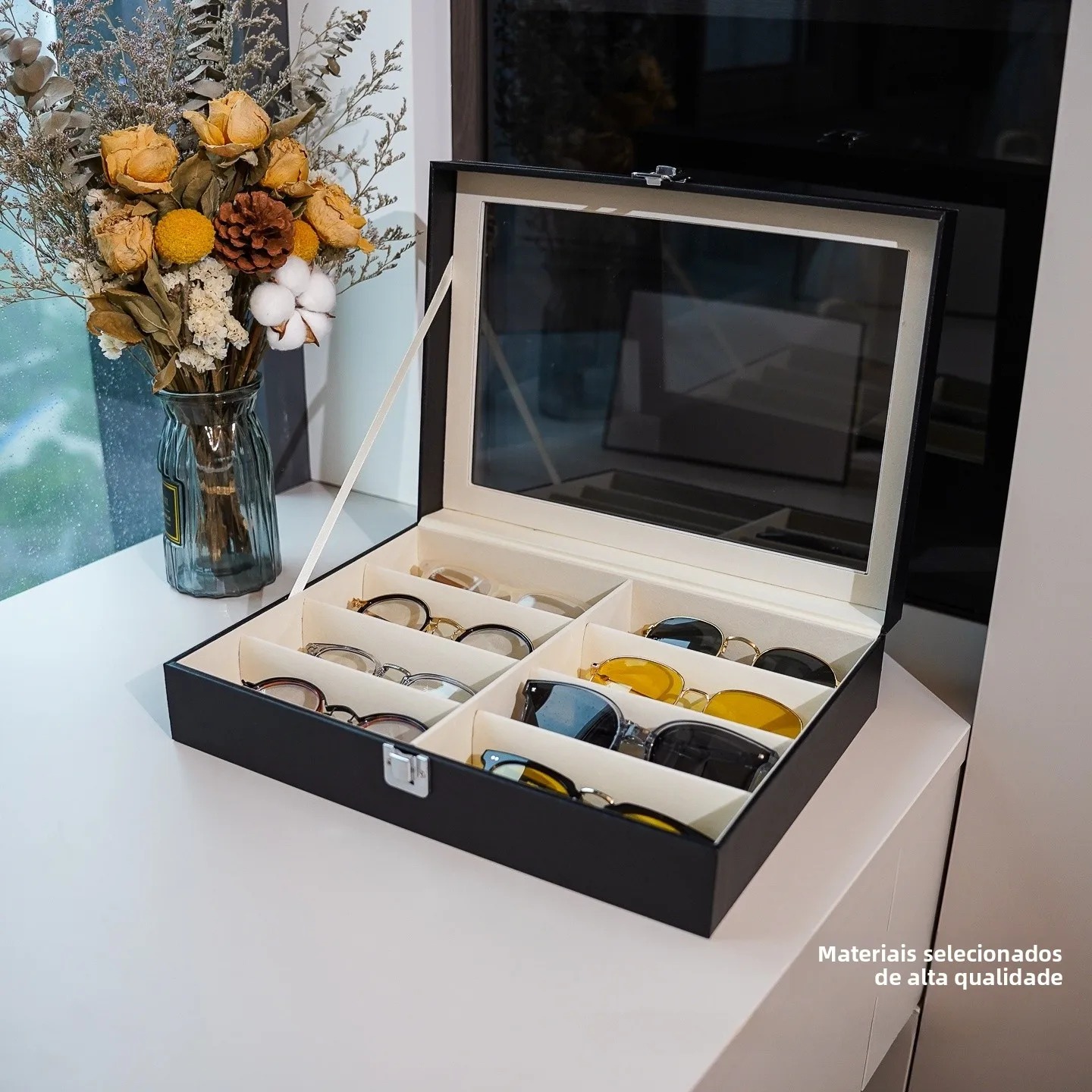 レザーサングラスケース-シンプルなデザイン-8スロット収納ボックス-カバー付きメガネ用-高級感-ユニバーサルアイウェアホルダー