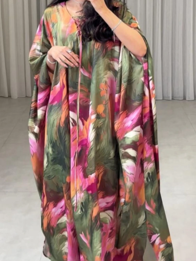 Eid Donne Vestito di Stampa Abaya Musulmano Manica a Pipistrello Jalabiya Ramadan Dubai Abiti Largos Islam Arabo Abito Lungo Marocco Caftano 2026