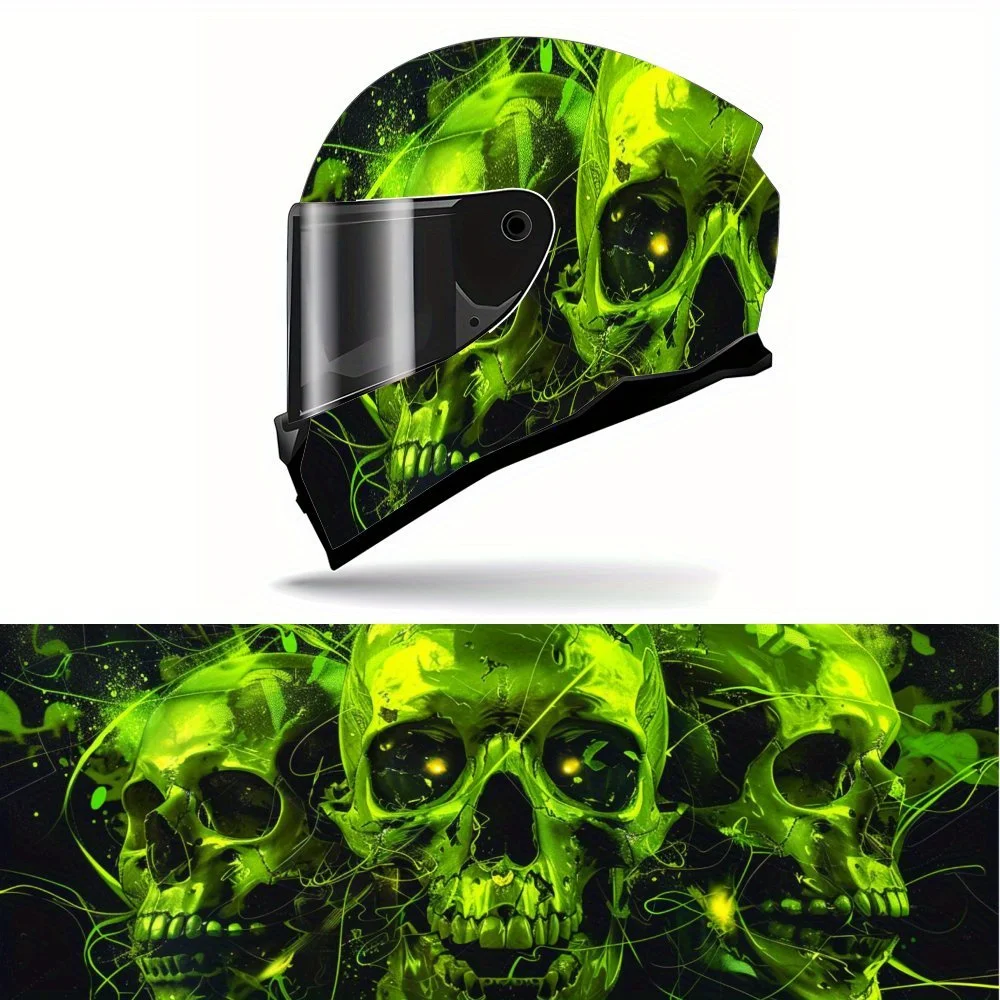 Glowing Skull Totem PVC Motorcycle Helmet Vinyl Wrap, Self-Adhesive Waterproof Sticker, Anti-Scratch Decorative Film for Full Fa
