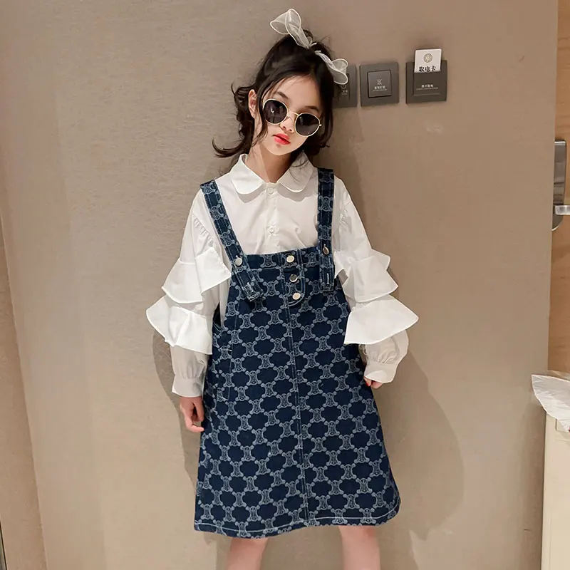 3-14y Girl Clothes Fashionable Kids Korean-Style Suit French Plaid Denim Skirt Lace Shirt Two-Piece Suit  Kids Boutique Clothes