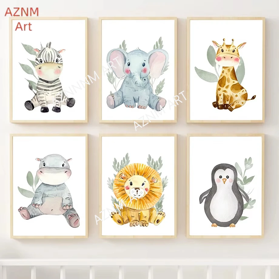 1/6pcs Wild Animals Poster Elephant Zebra Giraffe Lion Hippo Nursery Wall Art Mural Print Canvas Painting Kids Room Decor