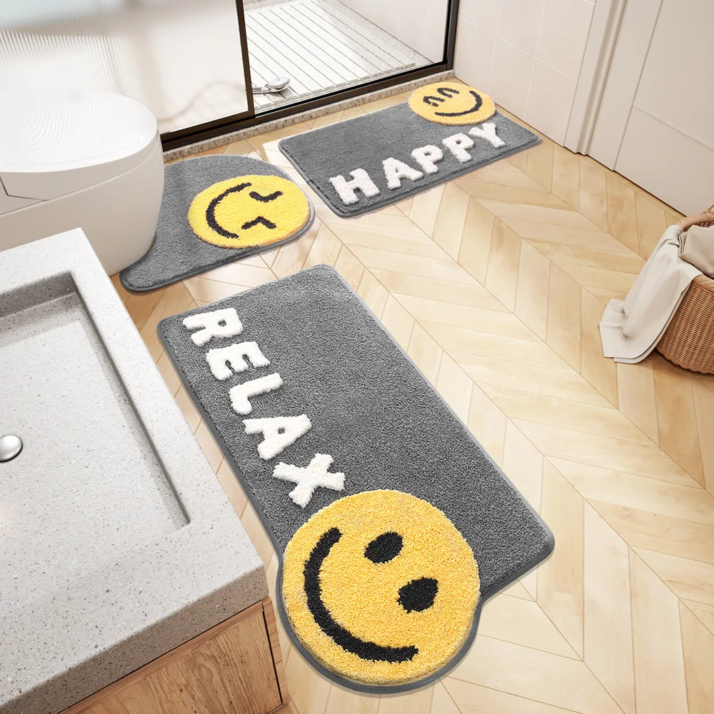 Smile Cartoon Bathroom Carpet Water Absorption Floor Padding Closure Door Cushion Area Carpet Bathroom Carpet Set Cute Rug