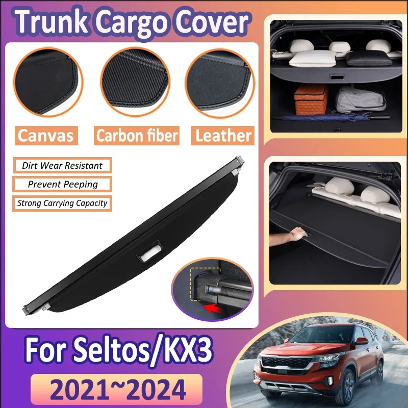 Canvas Car Rear Trunk Cargo Cover For Kia Seltos 2024 Accessories 2021~2023 KX3 Storage Partition Board Curtains Auto Interior