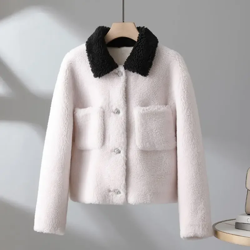 

Lamb Fur Coat Stand Collar Short Sheep Shearing Button Women's Thickened Natural Fur Real Genuine Jacket Ladies Fur Coats F02