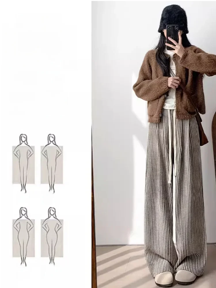 المرأة الخريف الشتاء حجم كبير 200 Pou خمر كسول الطابق طول بنطال ذو قصة أرجل واسعة الكاكي العمودي مخطط السراويل الصوفية #2