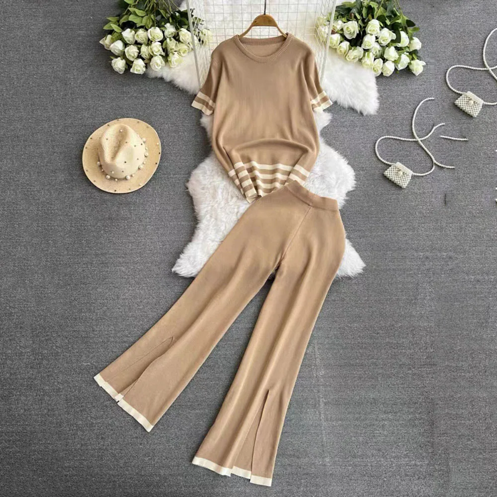 2024 New Fashion Suit Women's Summer Korean Version Of Loose Contrast Age-reducing Knitted Two-piece High waist Wide-Leg Pants.