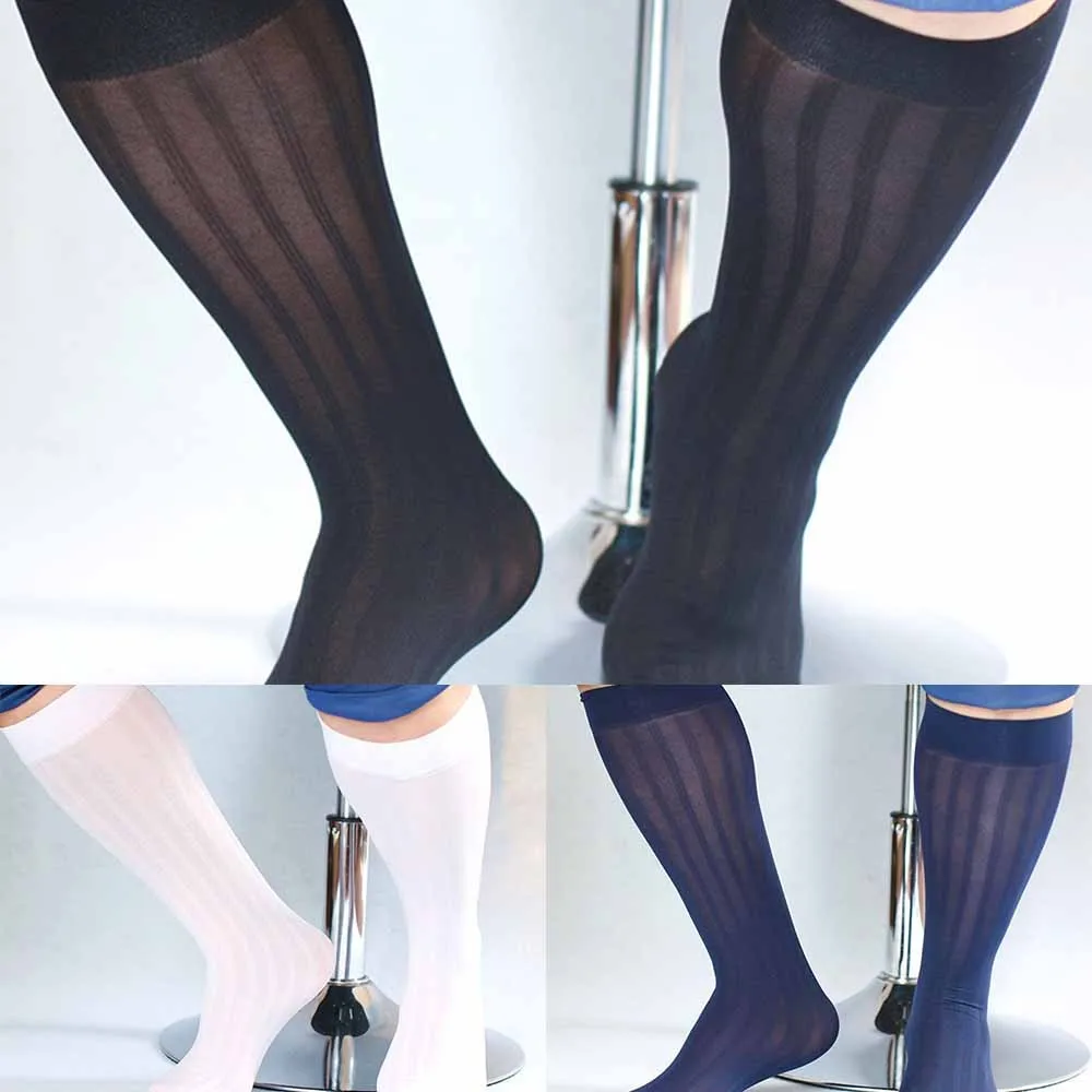 Calcetines hasta la rodilla para hombre, medias hasta la rodilla, de tubo a rayas elásticas, transpirables, formales de negocios, par