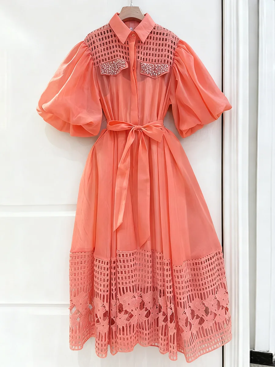 VGH elegante vestido Midi blanco de fiesta para mujer Laple media manga cintura alta Patchwork ahuecado vestidos florales ropa femenina