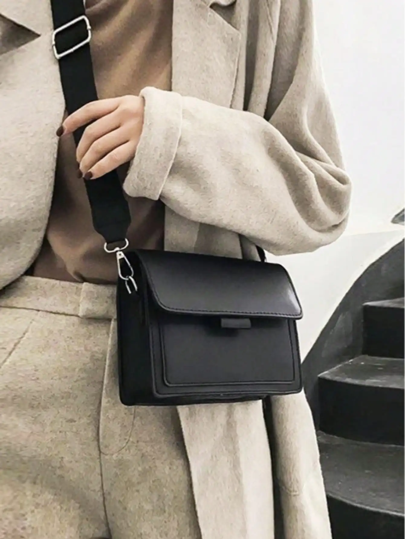 

Minimalist Black PU Leather Flap Crossbody Bag with Adjustable Wide Strap