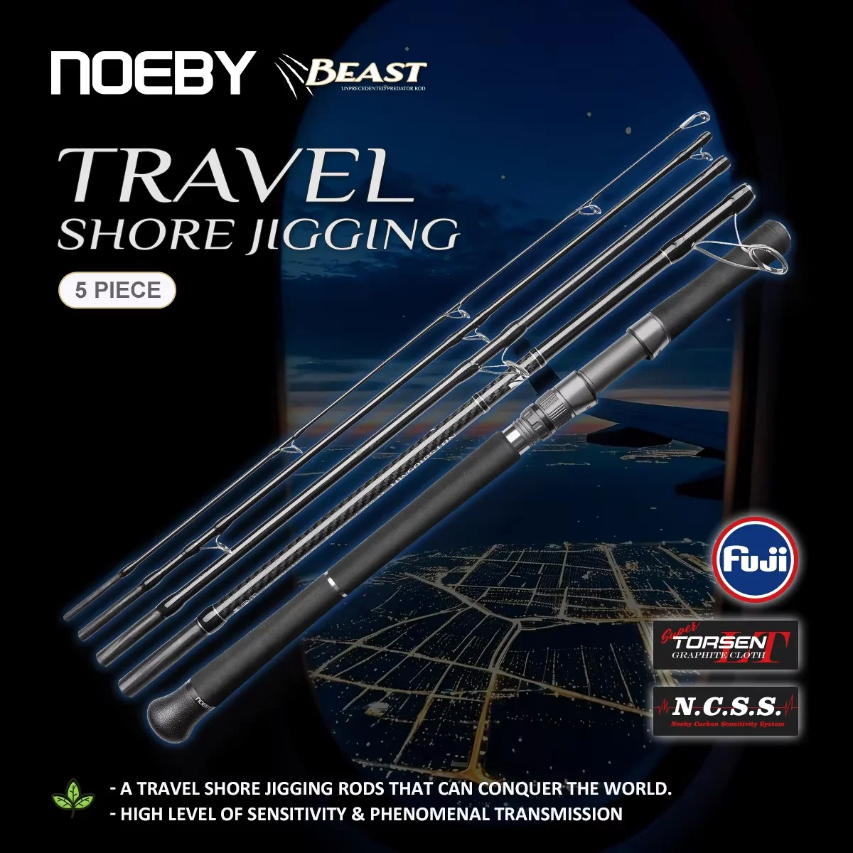 Noeby 2.7m/2.9m 5-Section Beast Travel Shore Jigging Fishing Rod Drag 10kg Lure 80g Fuji Spinning Rod Set for Boarding