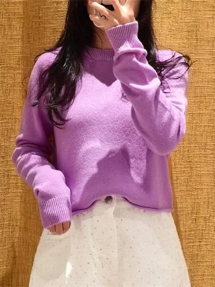 

Women Purple O-Neck Knit Sweater Early Autumn Versatile Ladies Long Sleeve Knitwear Pullover Top