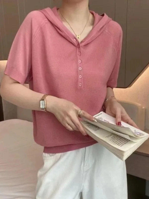 Los ijszijde gebreid ort Sve T-shirt voor dames met hoed Zomer lichtgewicht ademend comfortabel f Sve hoodie