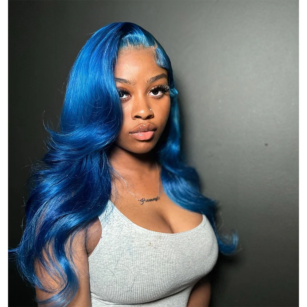 Linhua Blue Colored 180% Body Wave 12A 13X4 Transparent Lace Wigs Remy 13X6 Lace Frontal Wig Preplucked With Baby Hair