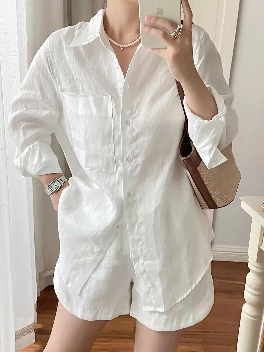 화이트 코튼 린넨 세트 여성 여름 캐주얼 롱 스커트 와이드 레그 반바지 투피스 세트 심플 엘레 칼라