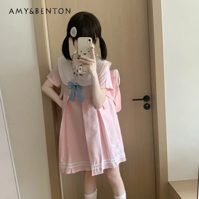 25COSCute آذان أرنب مطرزة الياقة البحرية فستان قصير نحيف الصيف اليابانية نمط Preppy الحلو كم قصير سليم الوردي مطوي