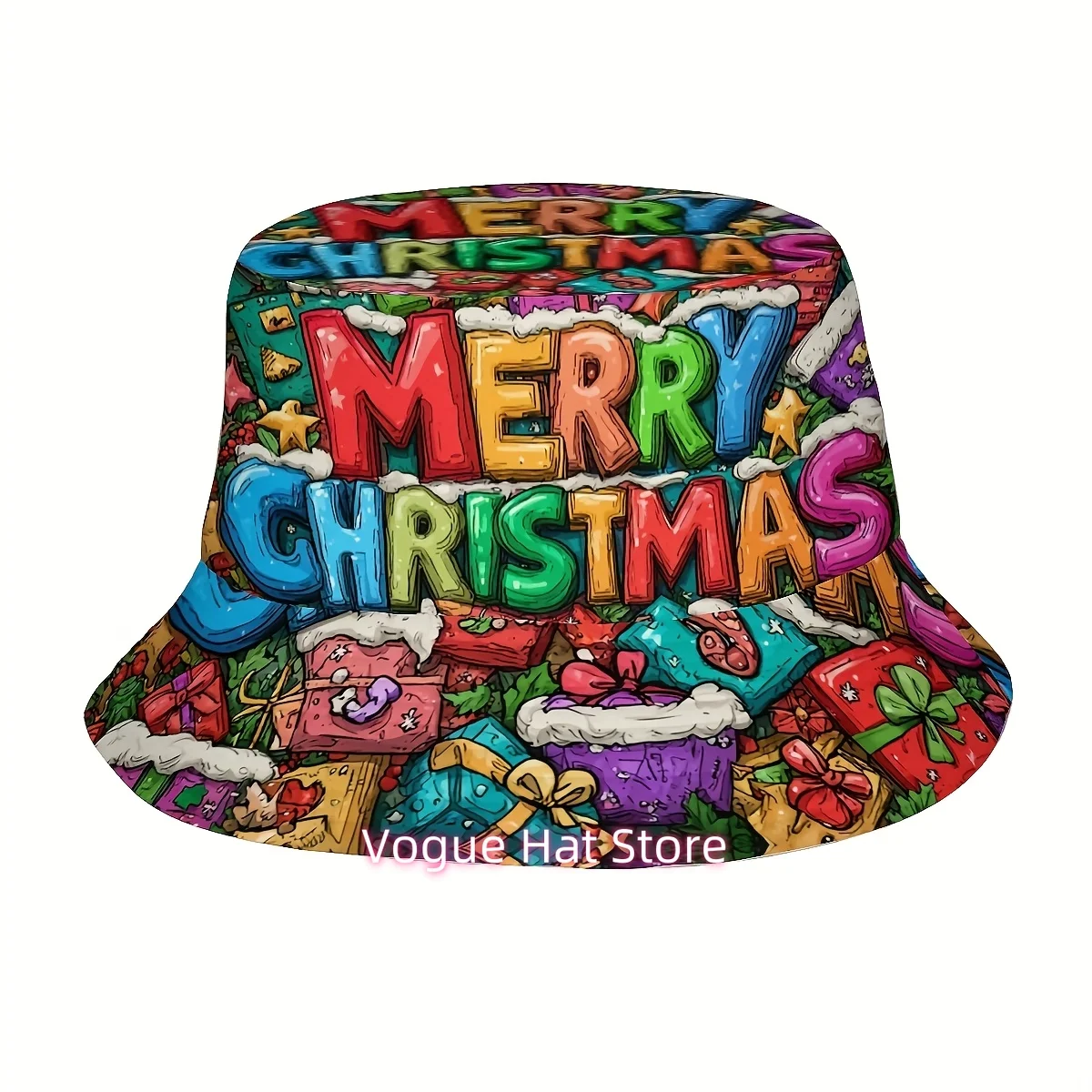 1pc Winter Christmas Fisherman Hat with Snowflakes & Merry Christmas Lettering - Funky Unisex Bucket Hat with Multicolor Holiday