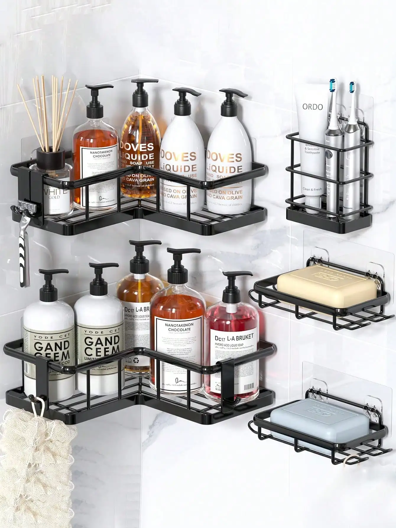 

5Pcs Stainless Steel Corner Shower Caddy: Adhesive Wall-Mounted Organizer for Bathroom & Kitchen
