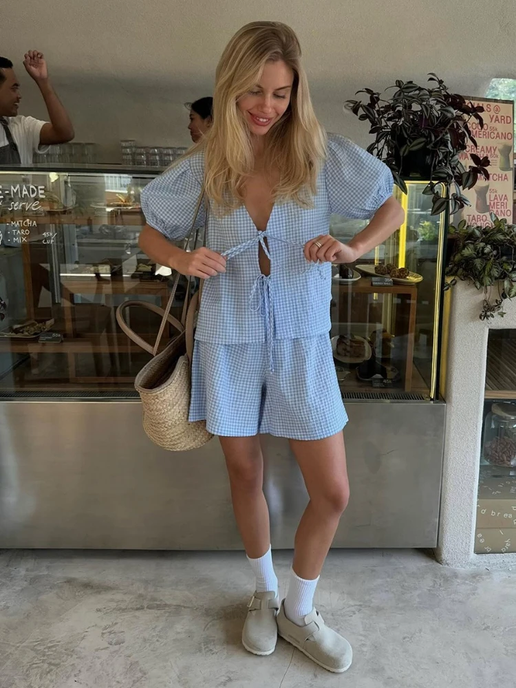 Tsiisd Casual Printing Plaid 2-delige set Shorts Dames Pofmouwen Lace-Up Zomer Nieuwe strandvakantie Losse kleding Vrouwelijke outfits