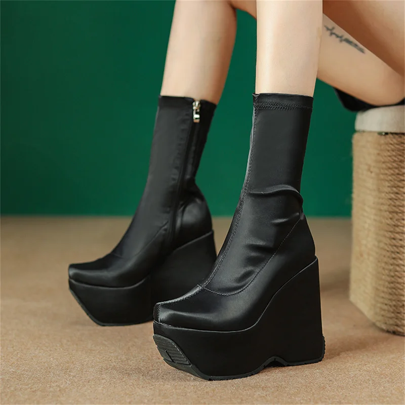 Female Boots 2022 New Fashion Platform Wedges Luxury Ankle Med Calf Boots for Women Stylish Super High Heel Goth Shoes Brand