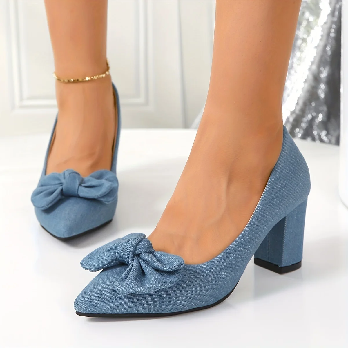 Women\'s Bowknot Denim Pumps Pointed Toe Slip on Chunky High Heels Fashion Dress Shoes Sapatos Femininos