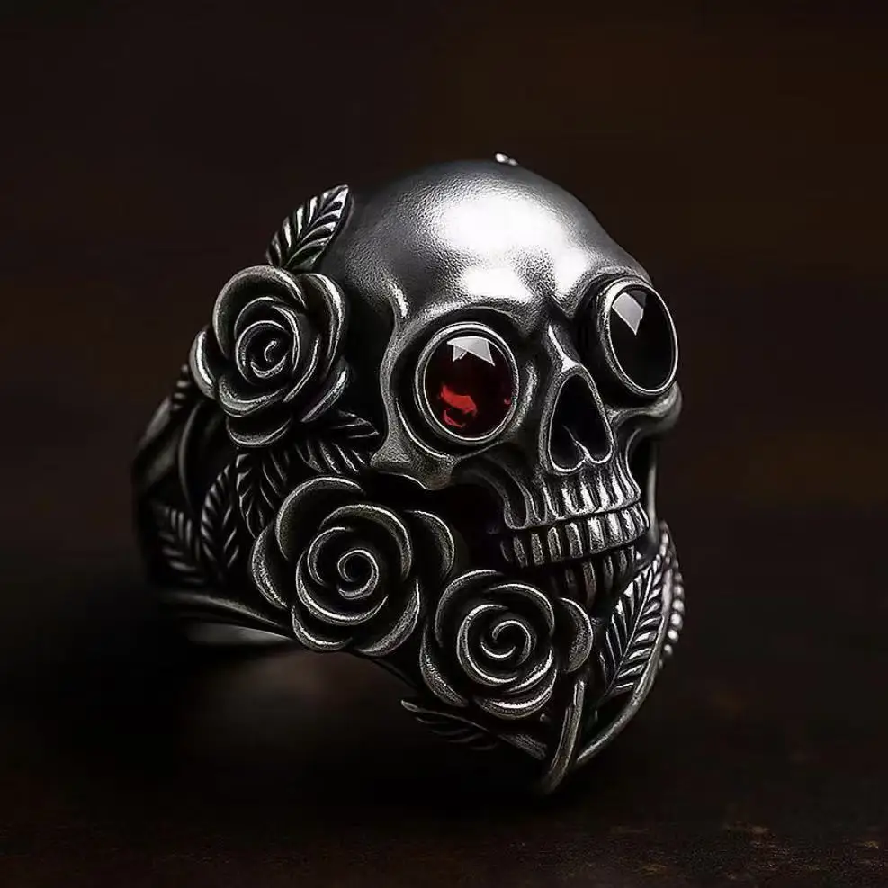 

Personality Heavy Industry Skull Punk Index Finger Ring Vintage Rose Flower Vine Open Adjustable Ring