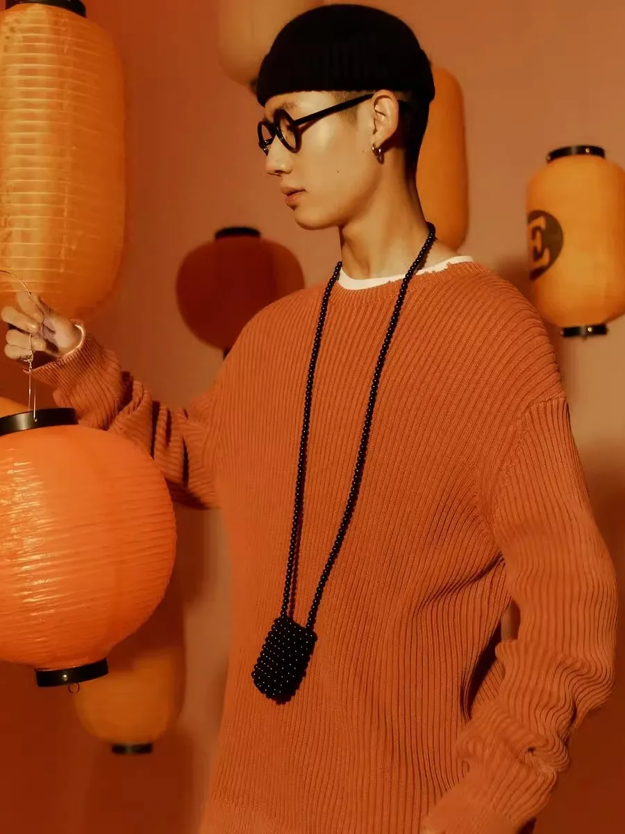 

Casual Sle Men's Knitted Sweater round Ne Overhead Pink Striped Texture Hole Design Cotton Long Sve Warm Faionable