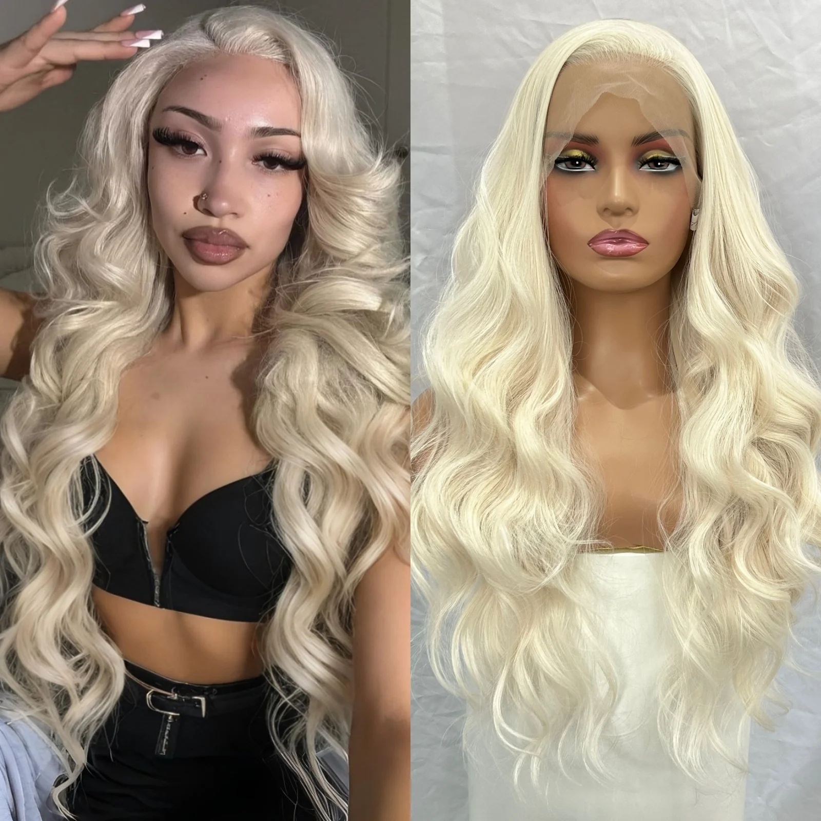 

Long Blonde Body Wave Lace Front Wigs for Women Free Part 13X4 Glueless Platinum Blonde Curly Wavy Synthetic Cosplay Party Daily