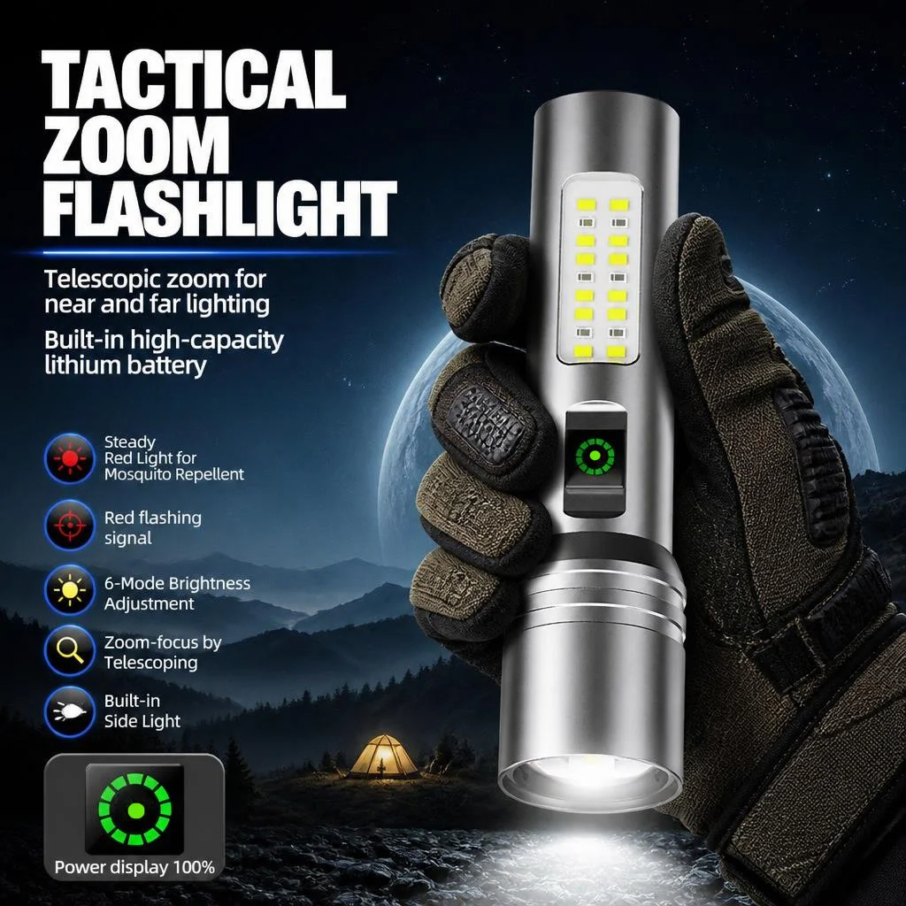 Aluminum Alloy Shell White Laser Flashlight, Strong Light Remote Zoom 6-Speed LED Light, Portable Flashing Warning Flashlight