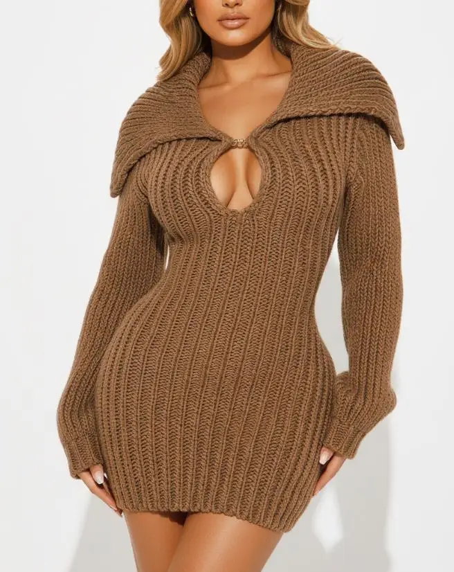 

2026 Spring/Summer New Women's Fashionable and Elegant Commuter Big Neck Slim Fit Elastic Lantern Sleeve Wool Dress