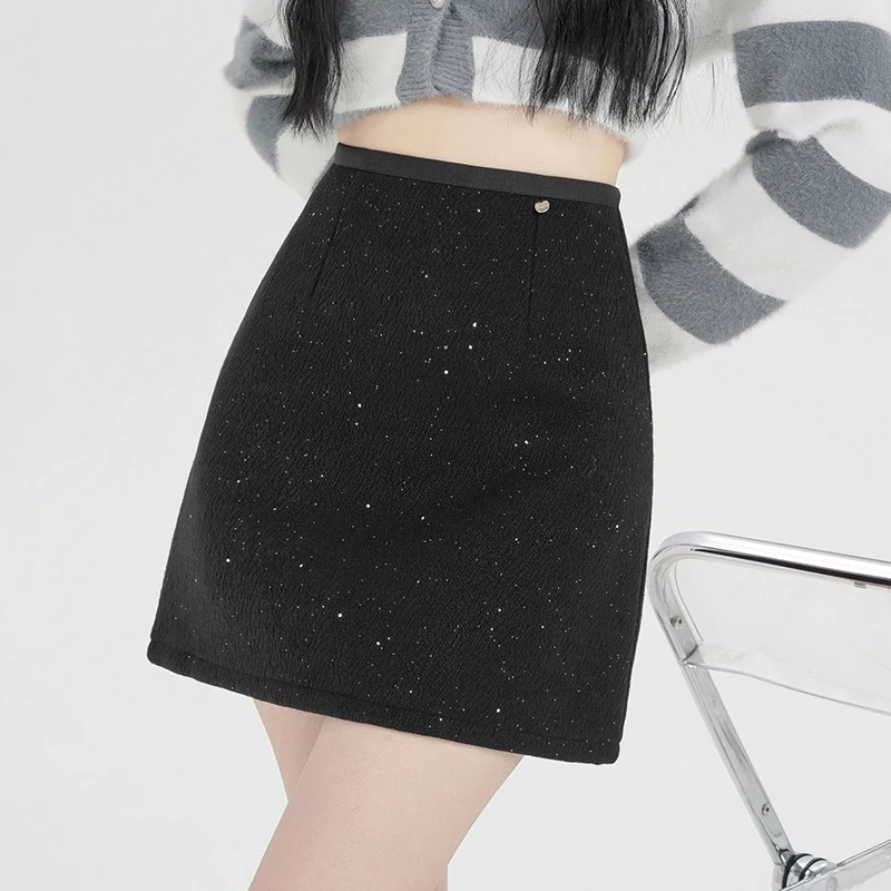 Womens High Waist A-Line Short Skirt Solid Color Woolen Sequin Wrap Hip Winter High Street Fashion Sexy Casual