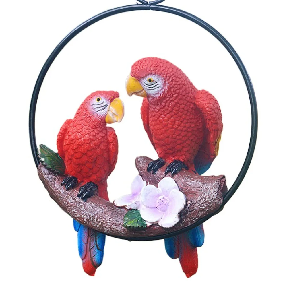 Garden Decor Iron Circle Double Parrot Pendant Resin Cartoon Bird Statue Cute Waterproof Bird Hanger Model Balcony