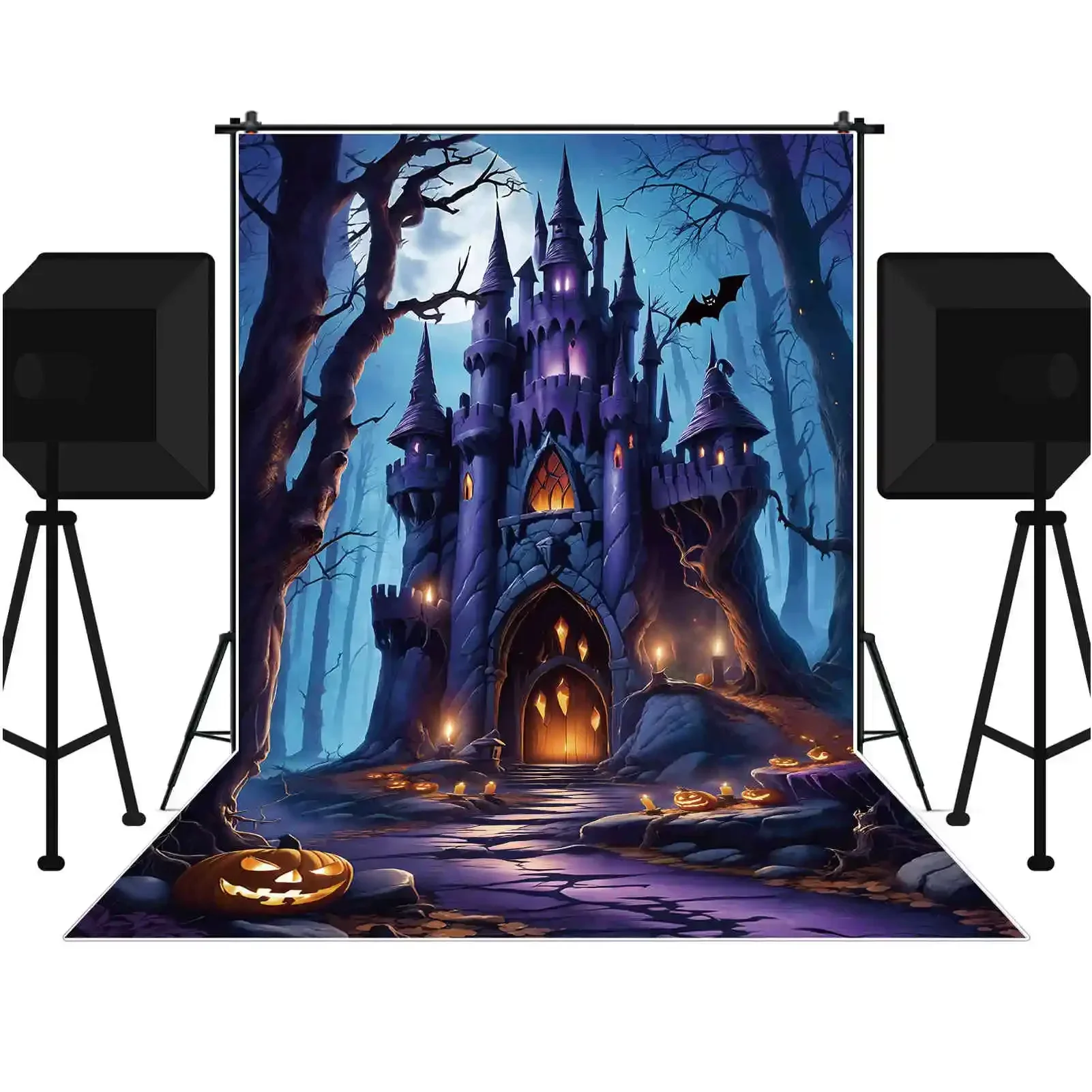 MOON.QG Halloween Photography Studio Backdrop Outdoor House Party Decoration Photo Background Skeleton Curtain Pumpkin Back Drop