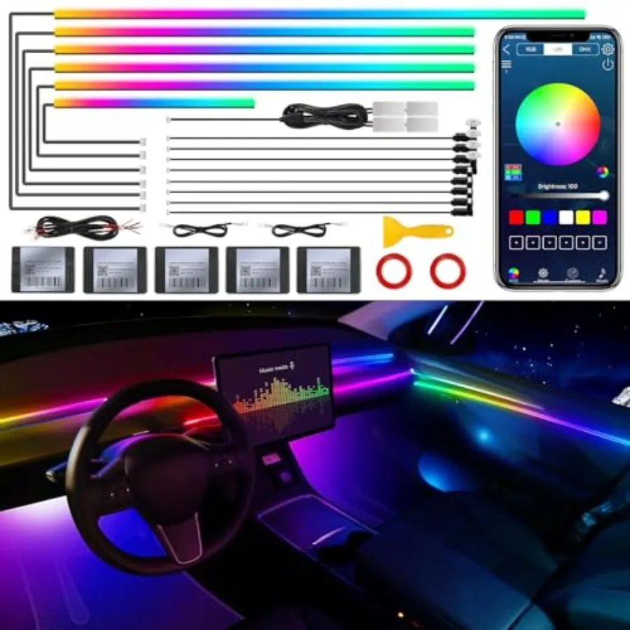 

【Spot goods】Dreamcolor Acrylic Interior Car LED Strip Light with Wireless APP RGB 18 in 1 with 175 inches 593 LEDs Fiber Optic