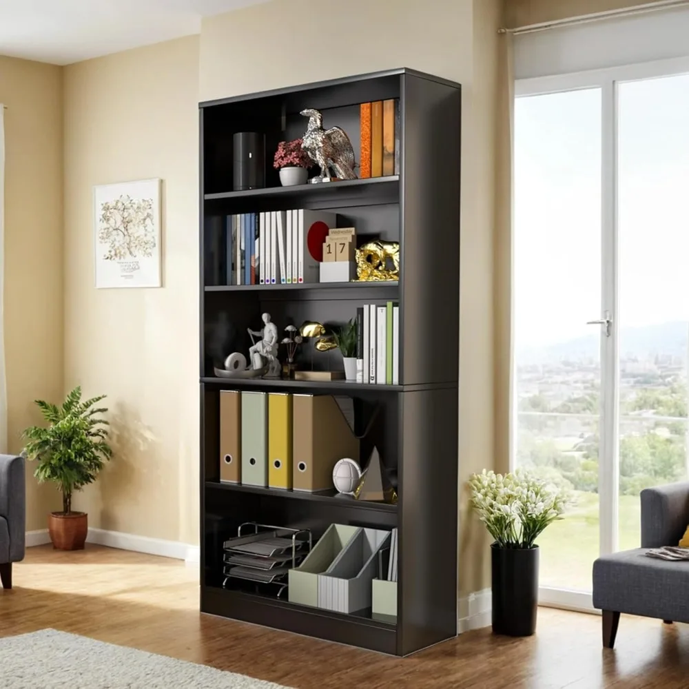 

71" Tall Book Shelf, 5 Tier Large Bookshelf, Standing Wood Display Book Shelf for Living Room, Office, Library with Doors, 31.5"