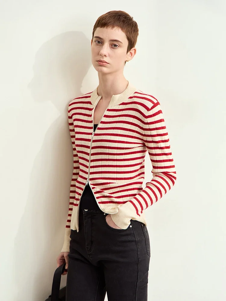 Amii Minimalism 2024 Women Cardigan Autumn New Casual Crew-neck Zipper French Stripe Wool Slim Patchwork Soft Knitwears 12443212