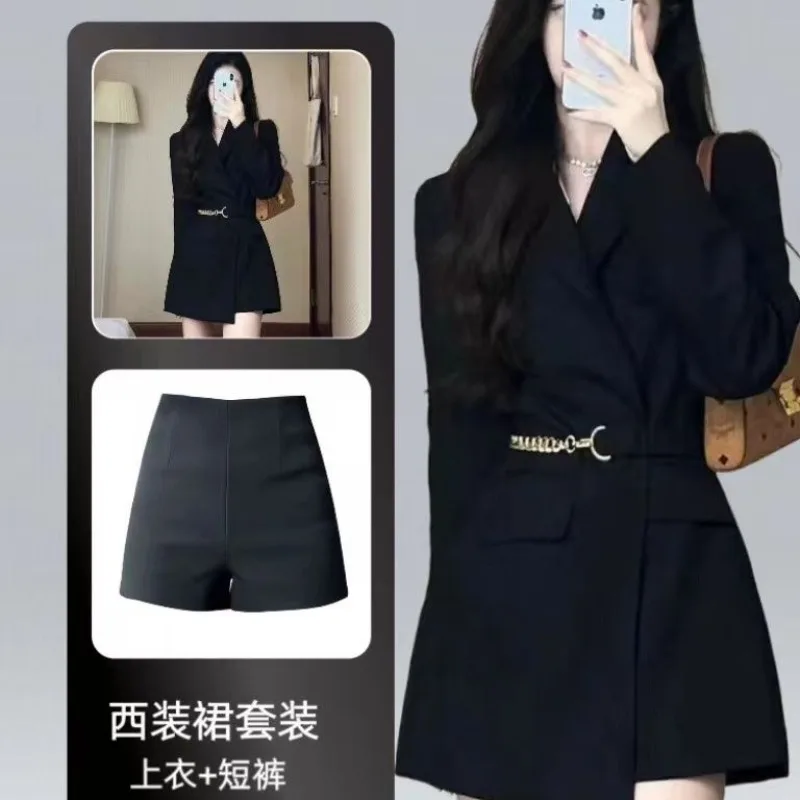 Suit with Shorts Female Shoulder Pads Black Belt Collection Waist Spring and Autumn Style All Match High-grade Temperament