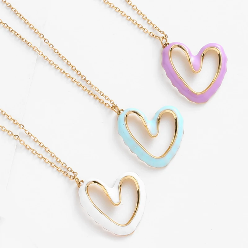 Heart Drop Oil Colorful Hollow Necklace For Women Candy-Colored Love Stainless Steel Pendant Necklace Fashion Jewelry PartyGift