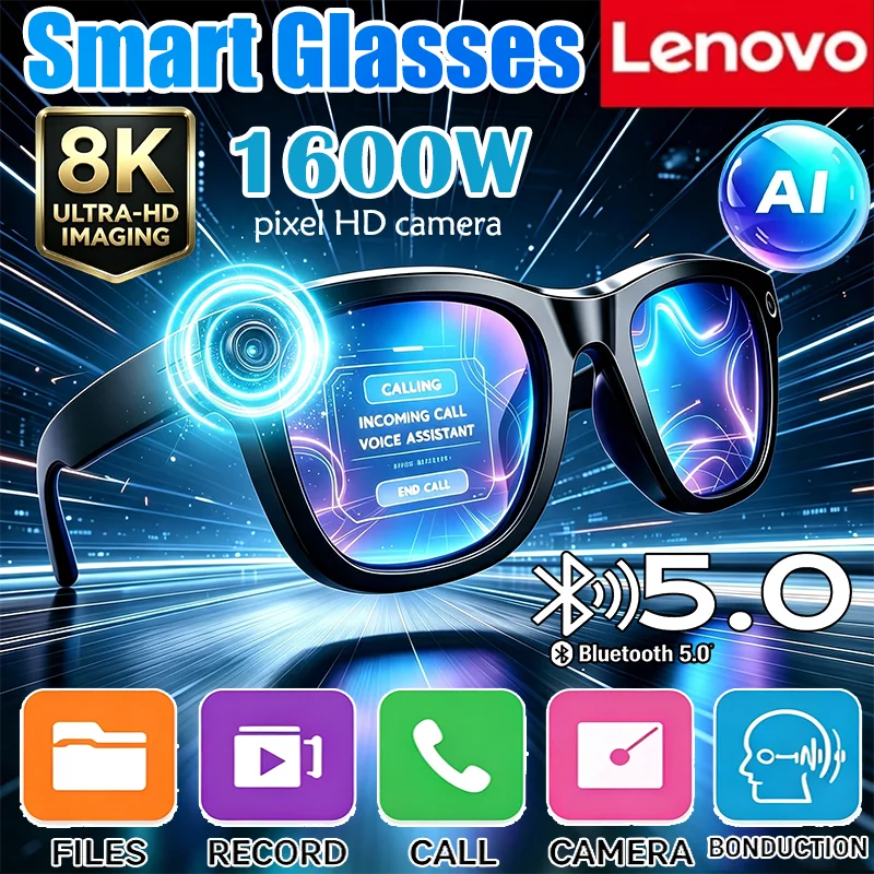 Lenovo 8K Bluetooth Smart Eyewear Touch‑Sensitive Cam Video Recording AI Translator Embedded Voice Assistant Sunglasses