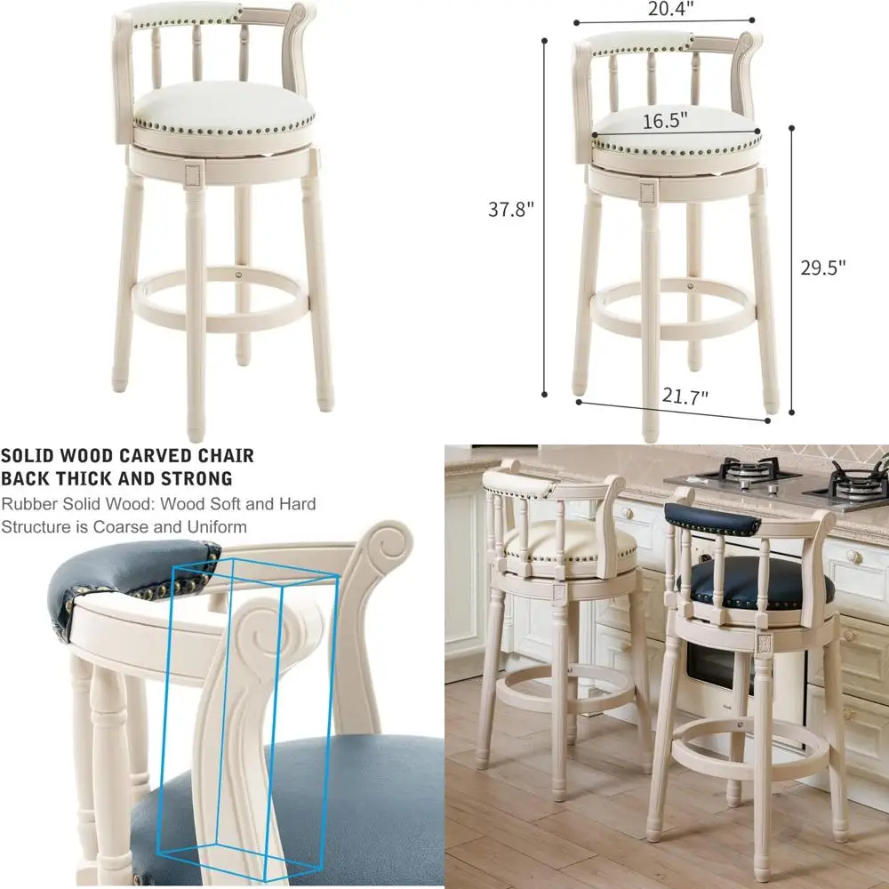 

Leather Swivel Bar Stools with Wooden Base, 360-Degree Rotation, High Kitchen Counter Chairs with Back Support for Modern Home D