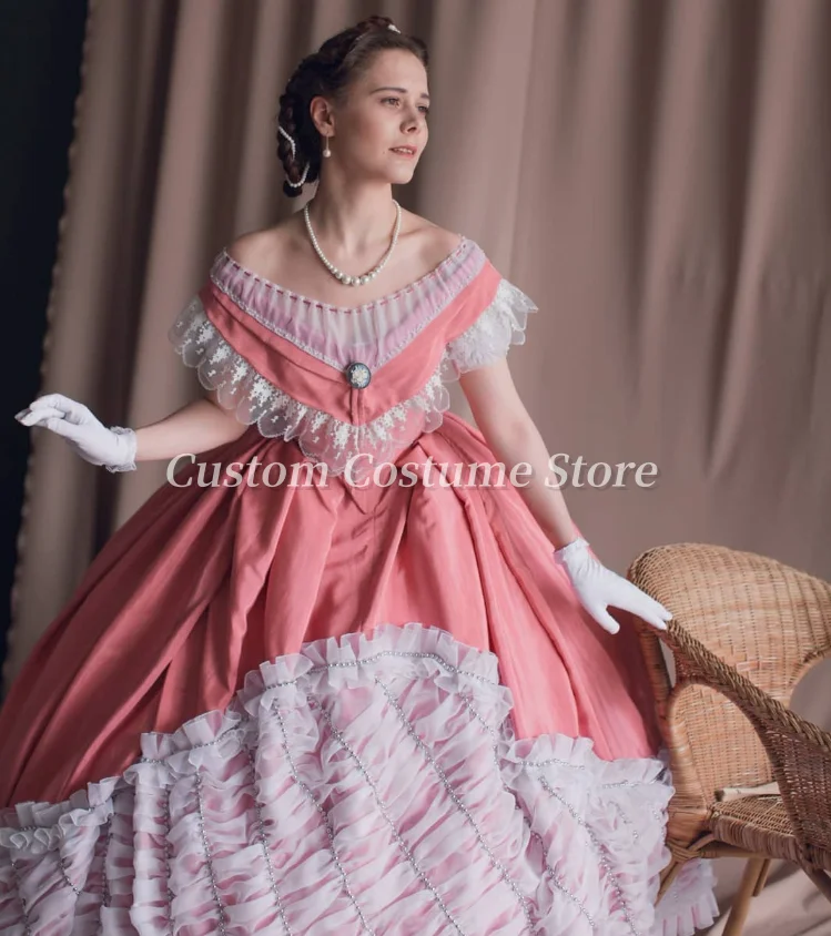 Maßgeschneiderte Vintage-Rosa-Abschlussballkleider, elegantes trägerloses Tudor-Kostüm, mittelalterliche Renaissance-Herzin-formale Abendkleider