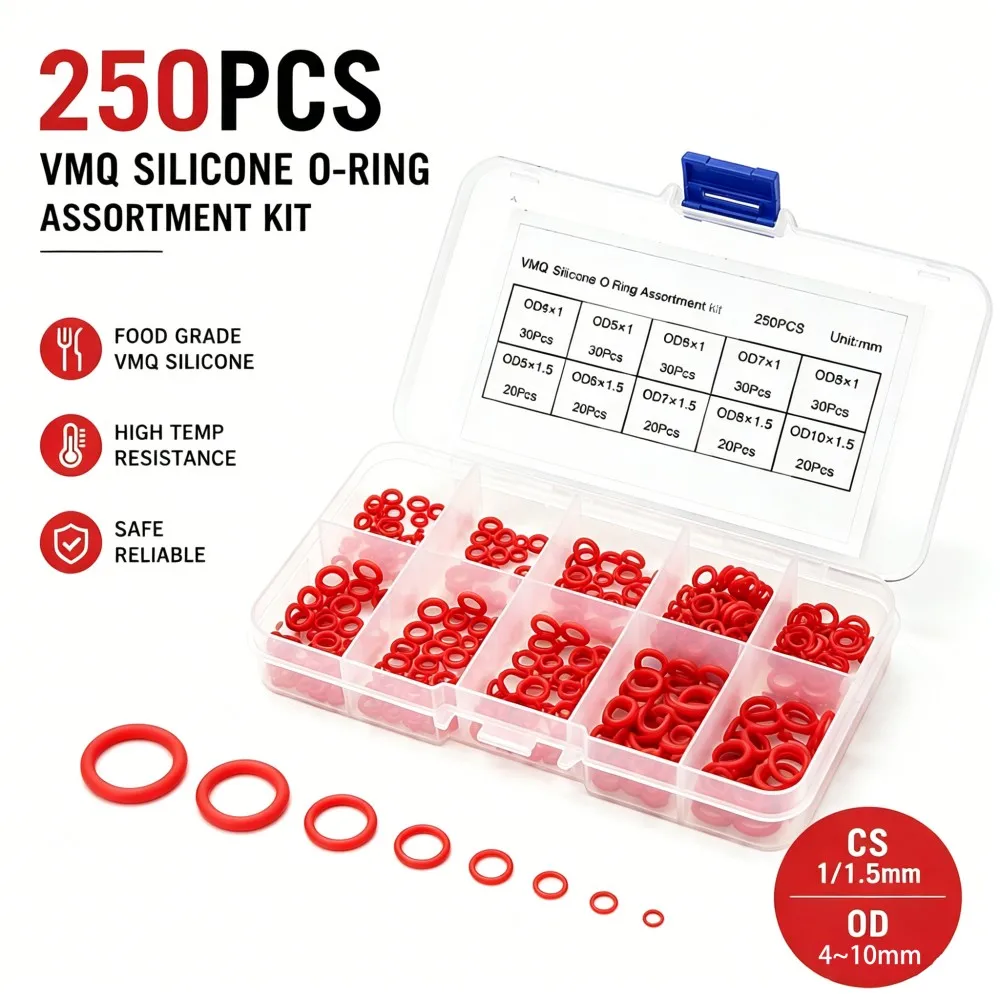 Food Safe Red VMQ Silicone Sealing Gasket Kit 250Pcs OD4-10mm Heat Resistant Non-Toxic Waterproof O Rings for Stable Sealing