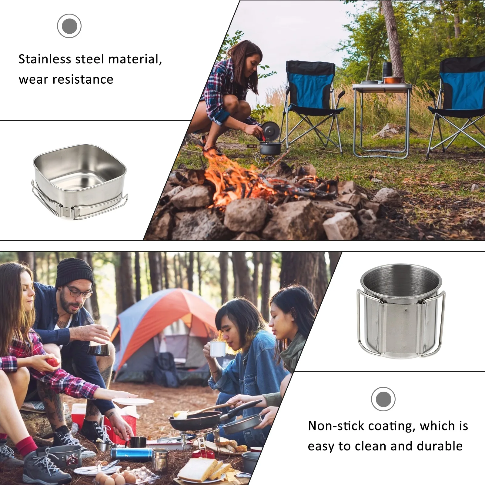 

1 set Stainless Steel Camping Cookware Set Durable Foldable Pot Easy Clean Outdoor Picnic Hiking BBQ Utensils Travel