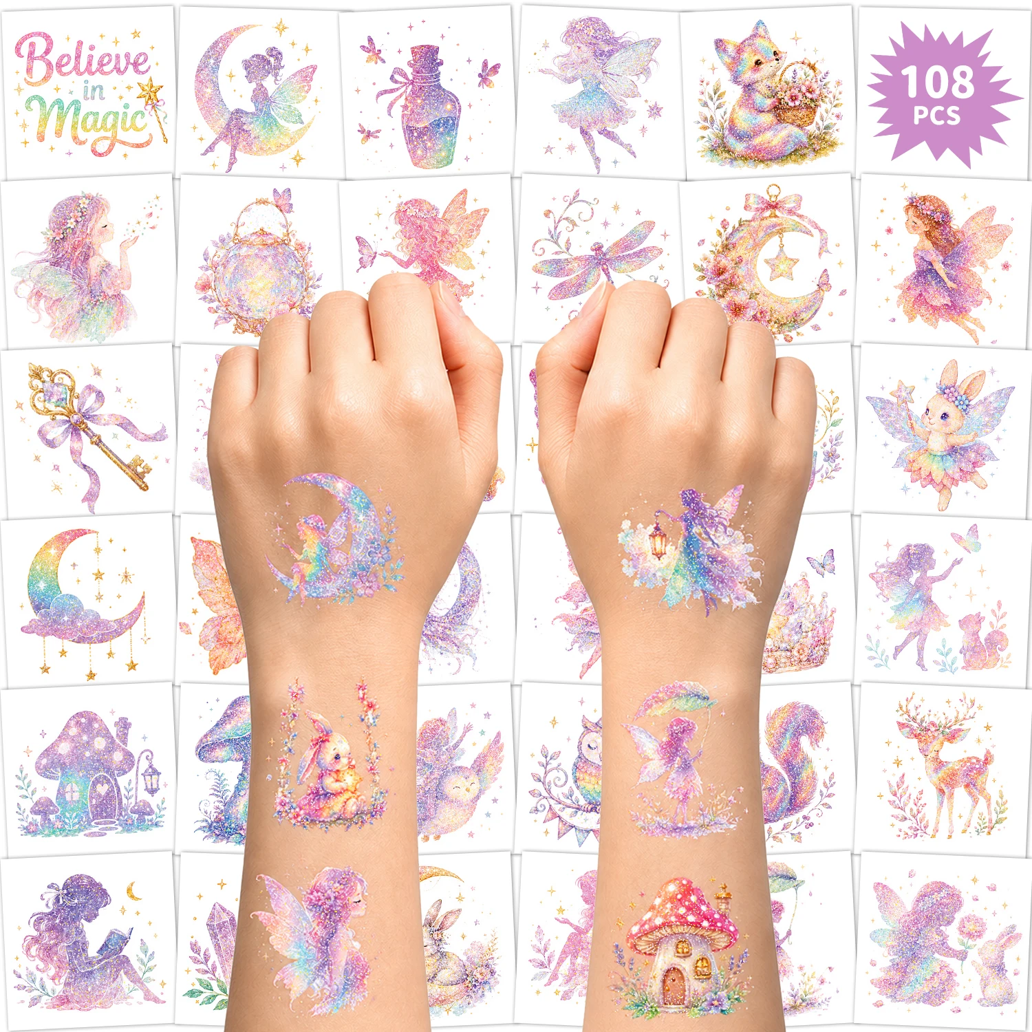 108 PCS Pre Cut Glitter Fairy Temporary Tattoos for Makeup Rave Accessories - Glitter Dream Butterfly Moon Fairy Woodland Tempor