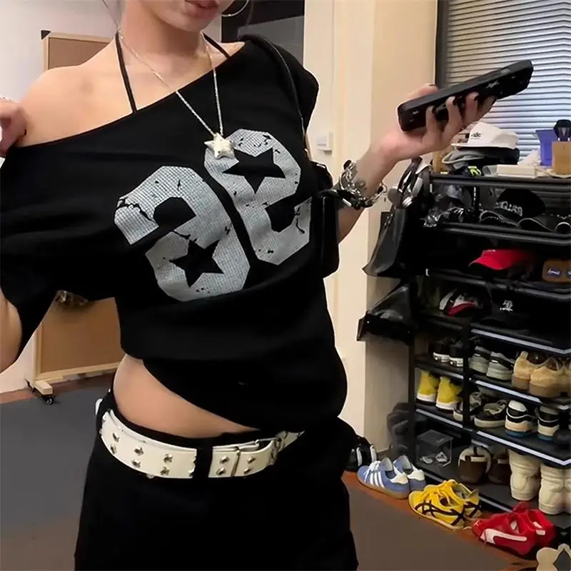 Off Schulter Y2k Tops Print Kurzarm T-Shirt Harajuku Lose Frauen Top Sommer Neue Mode Straße Kleidung – Detail 5
