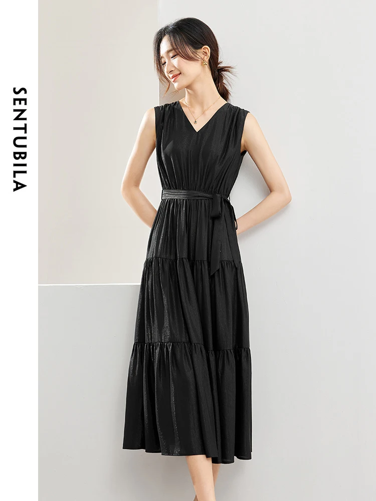 Sentubila vestido feminino preto com decote em v, elegante, novo, macio, cinto de gravata, linha a, sem mangas, verão, em camadas, midi, 2023, 141l53273