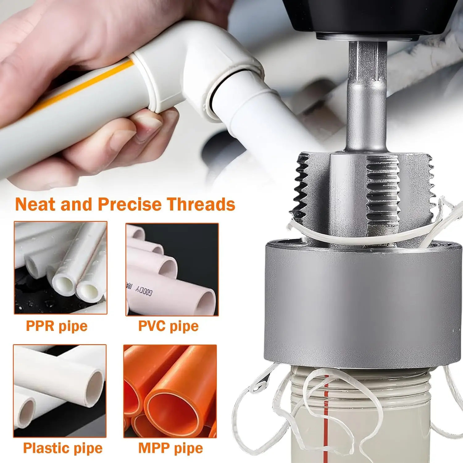 Integrated Internal & External Pipe Threading Tool (1/2'' & 3/4'' Dies)–Electric Drill Compatible Pipe Threader Plumbing Repair