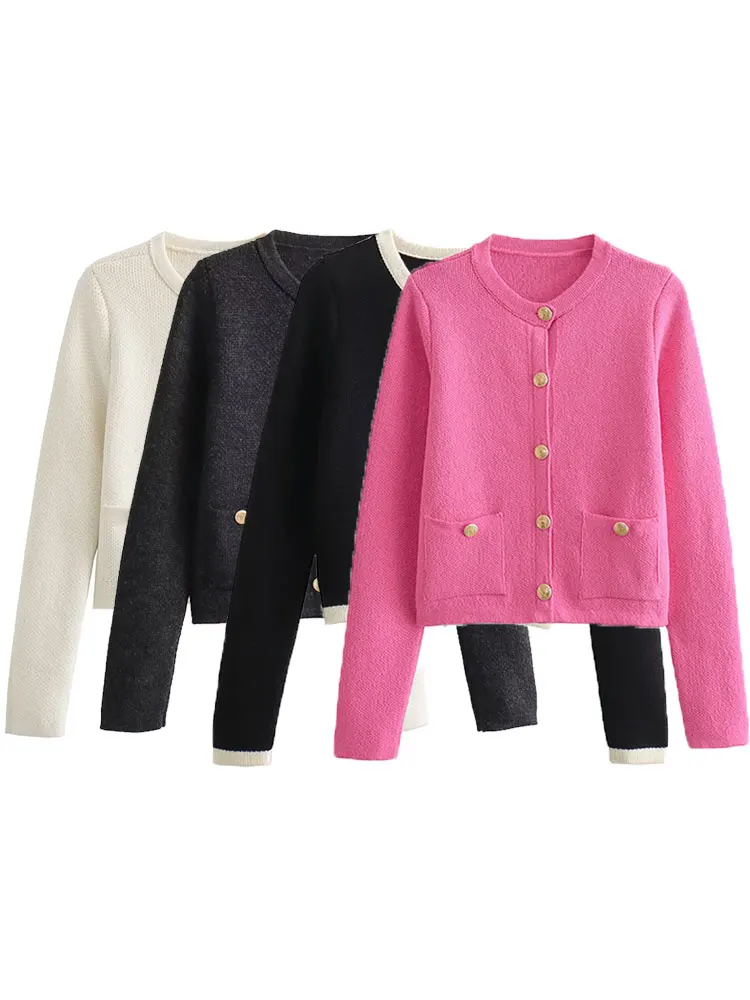 TRAF 2024 Women's Knitted Cardigan Sweater Golden Buttons Front Patch Pockets Long Sleeve Female Outerwear Chic Tops