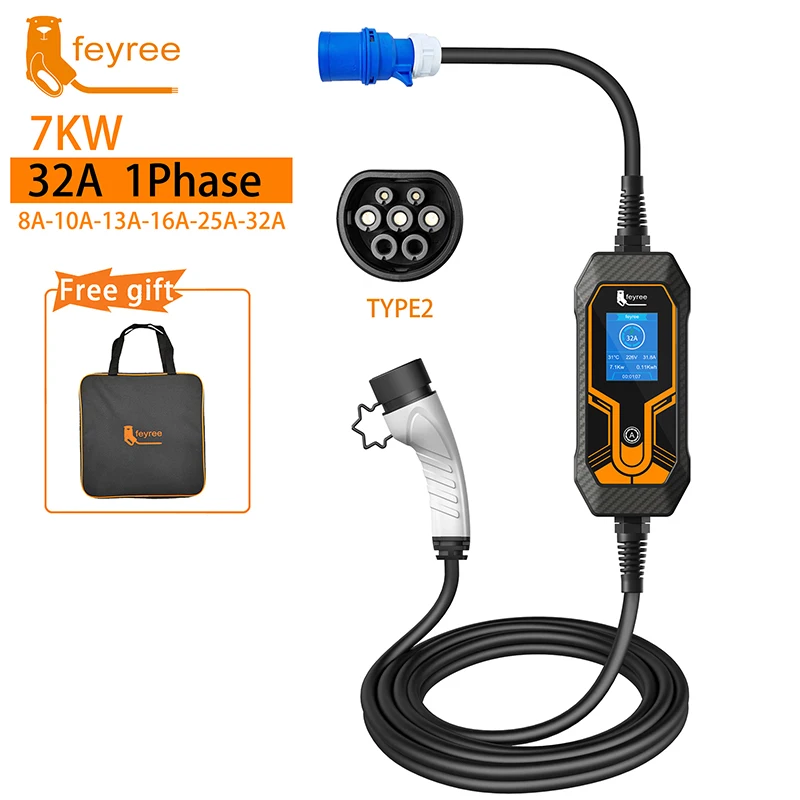 feyree Portable EV Charger Type2 32A 7KW 1Phase with Male CEE Plug EVSE Type1 Cable Charging Box j1772 Adapter for Electric Car